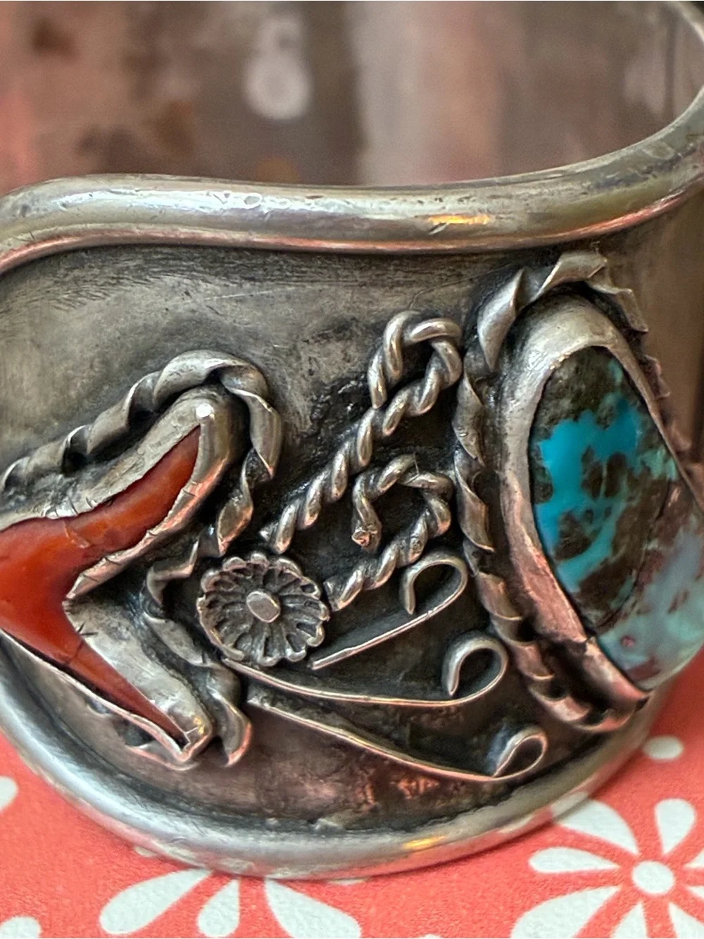 Sterling Silver Cuff Watch Band with Turquoise and Coral Accents